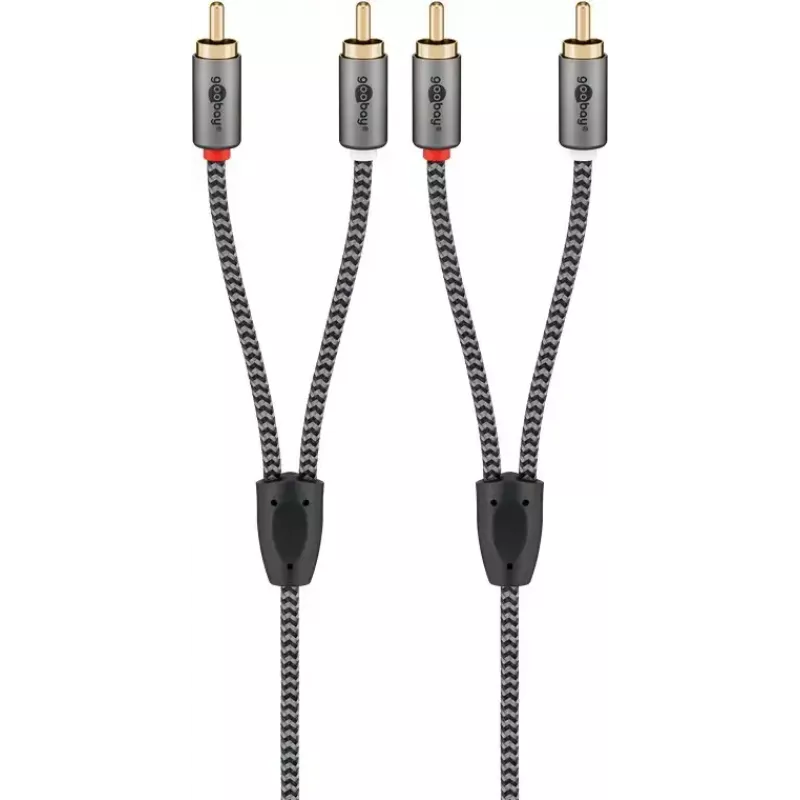 Audio kabelis WENTRONIC Goobay 65293 — 2 m, 2×RCA vīrietis uz 2×RCA vīrietis, varš, apzeltīti kontakti, magnētiskais ekranējums, pelēks