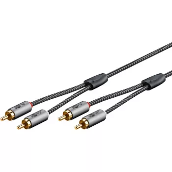 Audio kabelis WENTRONIC Goobay 65293 — 2 m, 2×RCA vīrietis uz 2×RCA vīrietis, varš, apzeltīti kontakti, magnētiskais ekranējums, pelēks