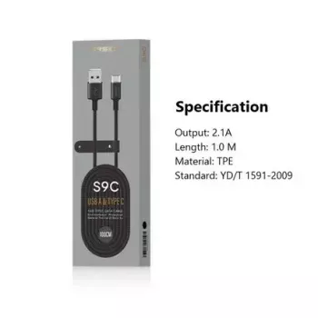 USB A uz USB-C kabelis Orsen S9C 1 m, 2,1 A, melns