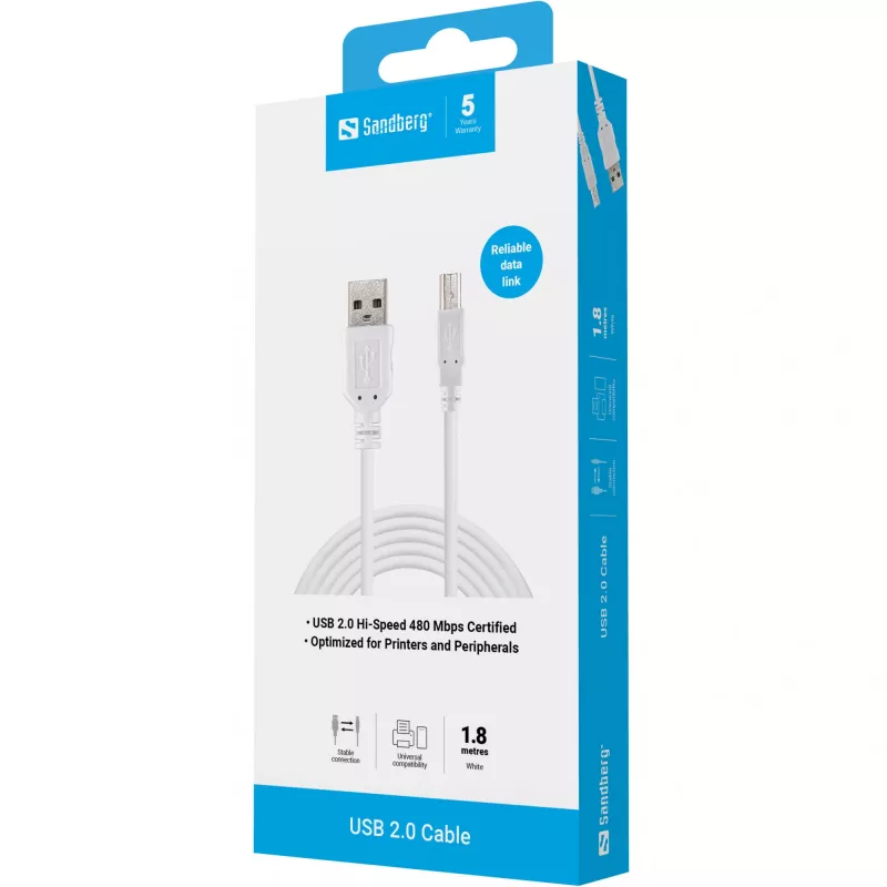 USB 2.0 A-B vīrišķais kabelis Sandberg 502-78 1.8m