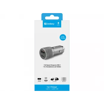 Sandberg Auto Lādētājs 1xQC3.0+1xUSB-C 48W, Metālisks