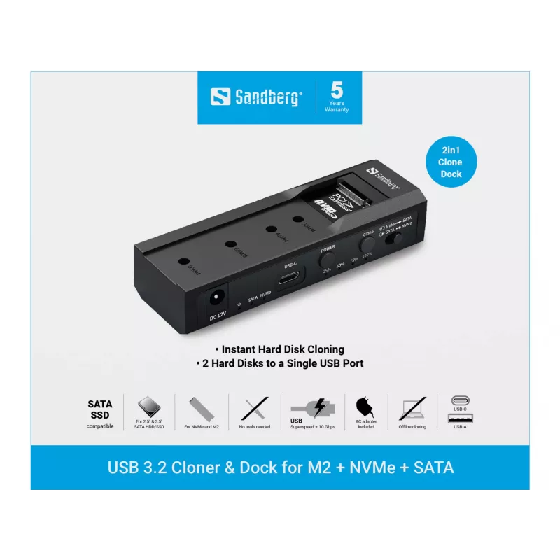 Sandberg USB 3.2 Klonētājs un Dokstacija M.2 NVMe, M.2 SATA un 2.5/3.5 collu SATA diskiem