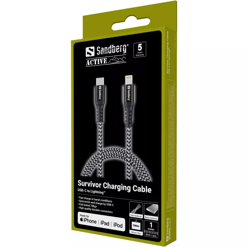Sandberg Survivor USB-C PD>Lightning kabelis 1m 28g