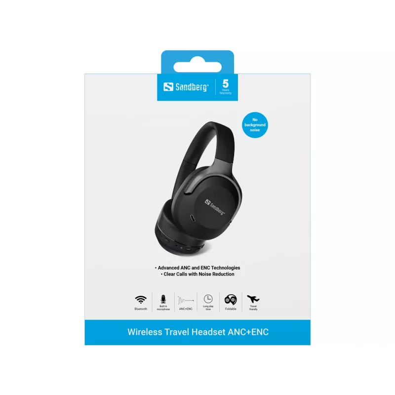 Sandberg Wireless Travel Headset ANC+ENC, Bezvadu, Zvani/Mūzika, 228 g, Galvas austiņas, Melns