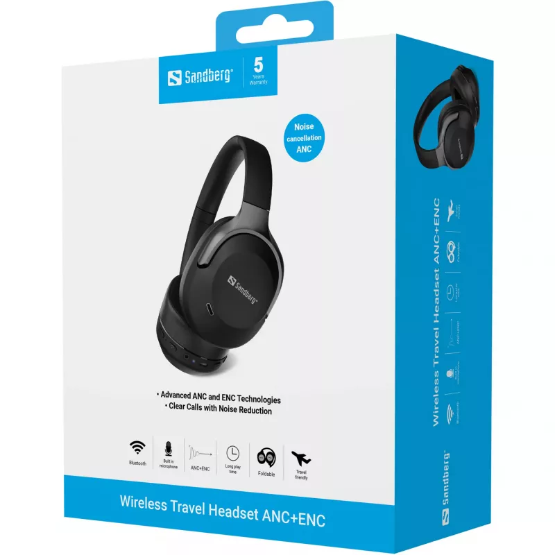 Sandberg Wireless Travel Headset ANC+ENC, Bezvadu, Zvani/Mūzika, 228 g, Galvas austiņas, Melns