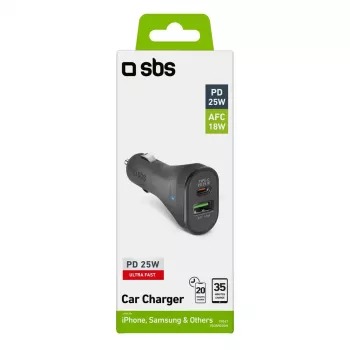 Auto lādētājs SBS Mobile TECRPD25W — cigarešu piesmēķētājs, 12–24V, 1×USB-A, 1×USB-C, ātrā uzlāde, melns