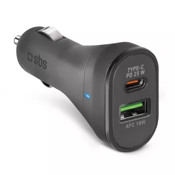 Auto lādētājs SBS Mobile TECRPD25W — cigarešu piesmēķētājs, 12–24V, 1×USB-A, 1×USB-C, ātrā uzlāde, melns