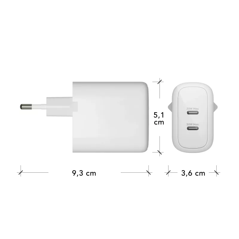 dbramante1928 re-charge Pro - EU sienas lādētājs - 2x USB-C 30W - Balts