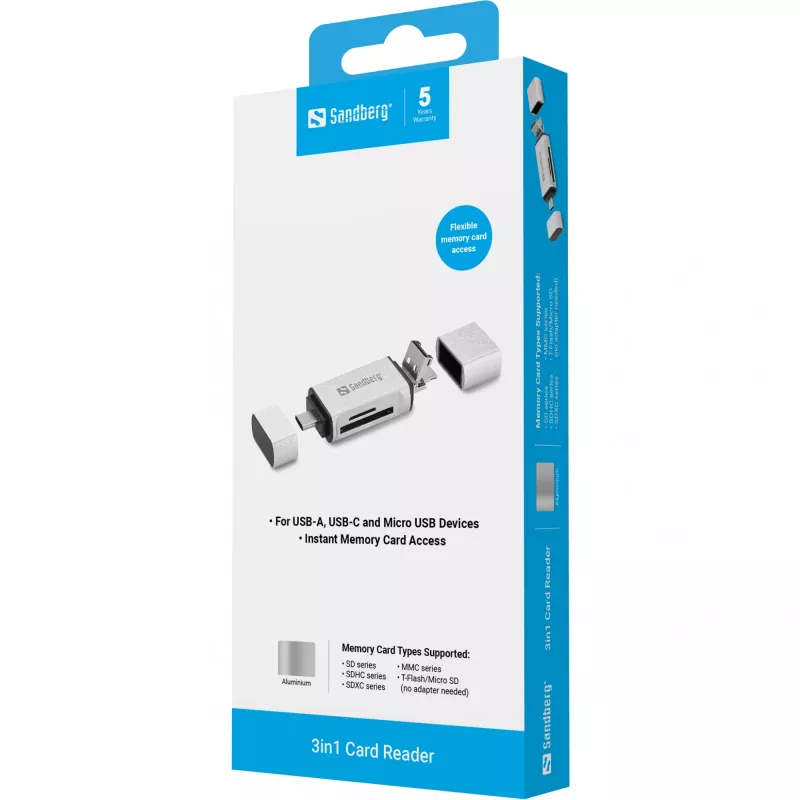 Sandberg karšu lasītājs USB-C+USB+MicroUSB