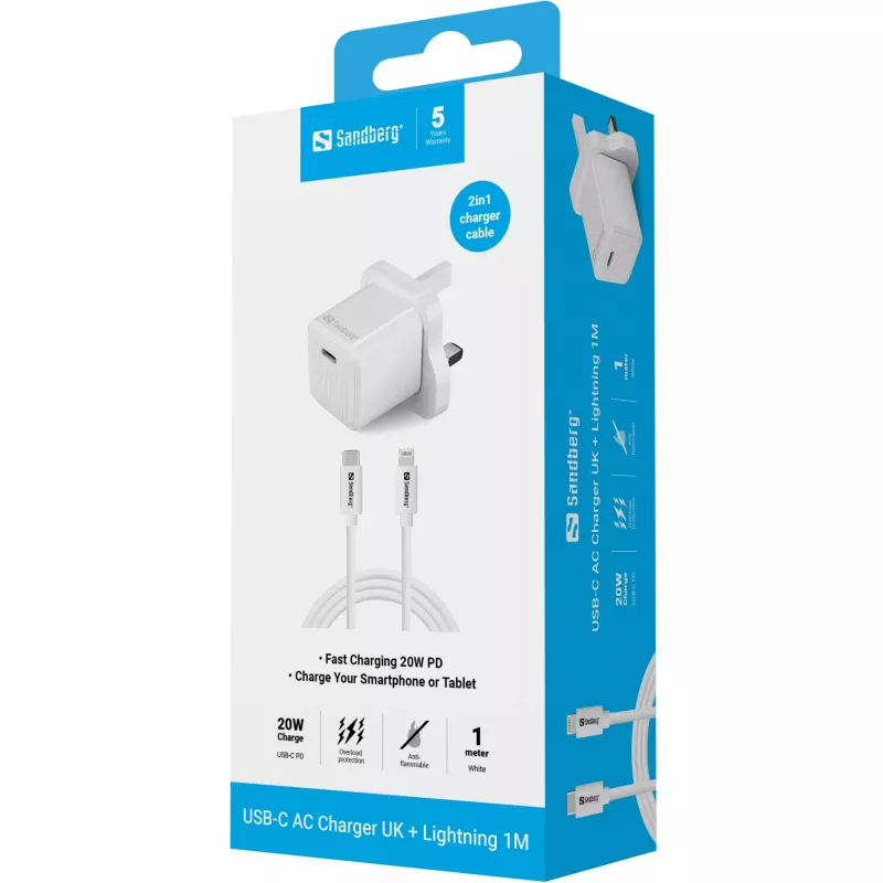 SANDBERG 441-64 USB-C lādētājs 20W ar Lielbritānijas kontaktdakšu — ātra USB Power Delivery uzlāde