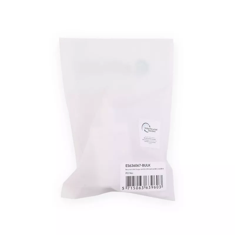 eSTUFF Home Charger USB-C PD 67W GaN UK Plug - Balts - 100% Pārstrādāta Plastmasa