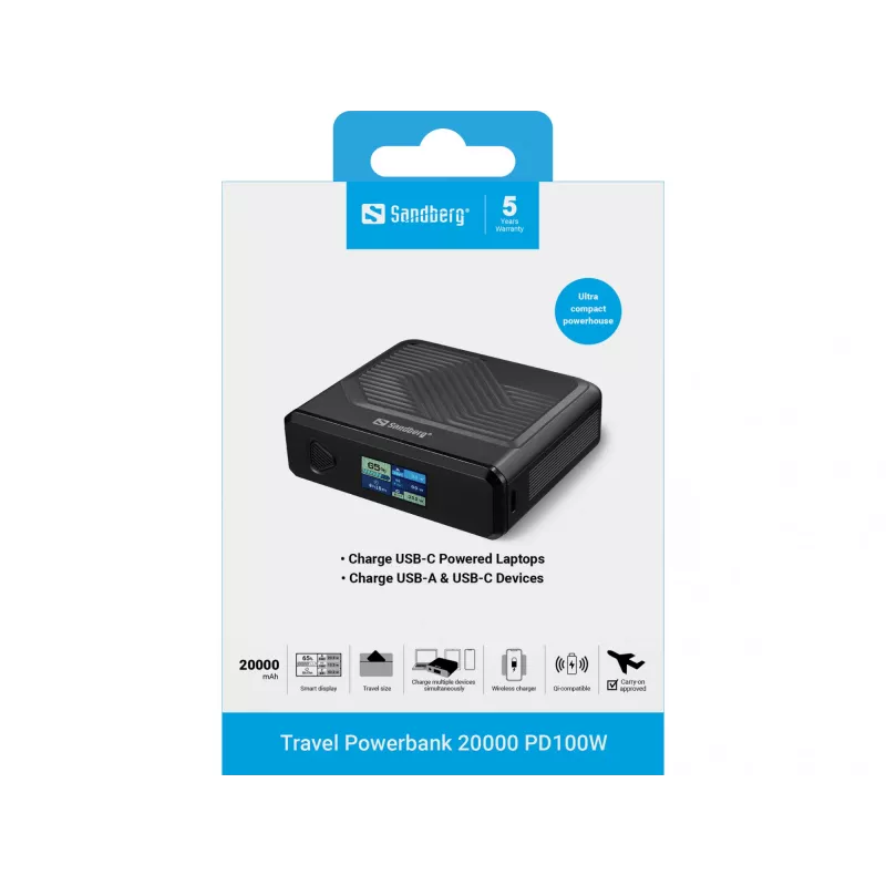 Pārnēsājamais lādētājs Sandberg Travel Powerbank 20000 PD100W, 20000 mAh