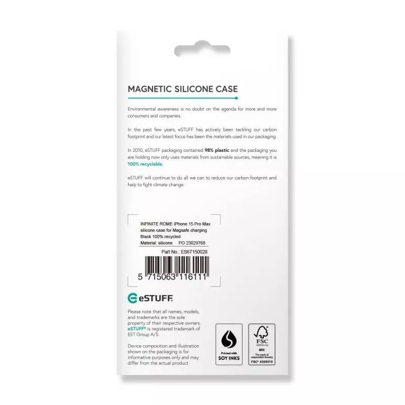 eSTUFF Infinite Rome ES67150028 aizmugures vāciņš Apple iPhone 15 Pro Max, magnētisks, saderīgs ar MagSafe, silikons/polikarbonāts, melns