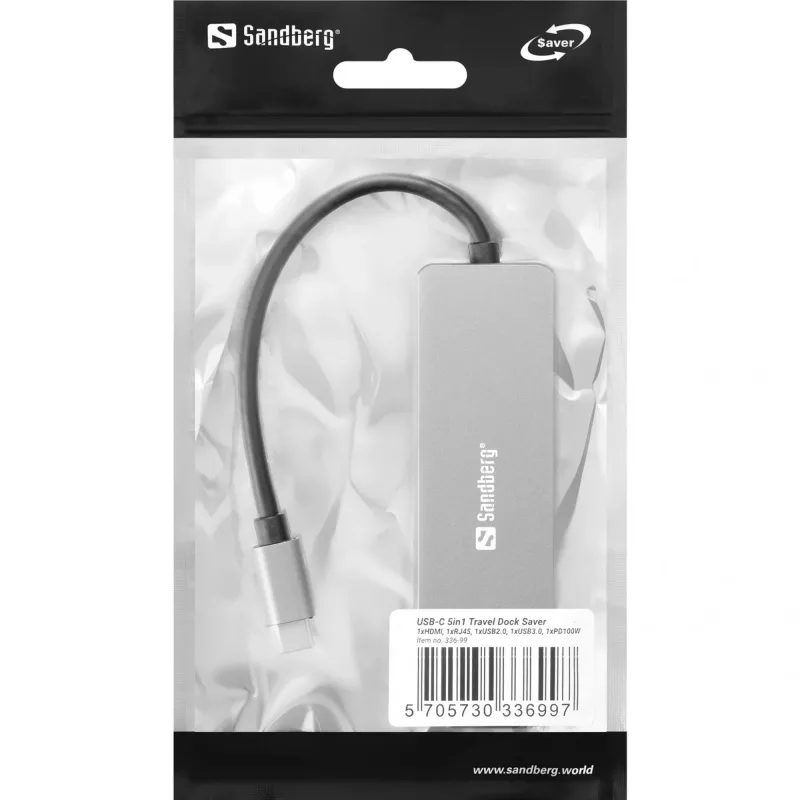 Sandberg 336-99 USB-C 5in1 Travel Dock Saver dokstacija, 4K HDMI, Gigabit Ethernet RJ45, 2x USB 3.0, USB-C PD 100W, alumīnija