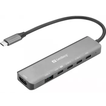 Docking centrs SANDBERG USB-C 6-in-1 MediaDock — USB 3.2 Gen 1 Type-C 10 Gbit/s, 4K HDMI, PD līdz 100W, 1×USB-A, 1×USB2.0, pelēks