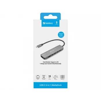 Docking centrs SANDBERG USB-C 6-in-1 MediaDock — USB 3.2 Gen 1 Type-C 10 Gbit/s, 4K HDMI, PD līdz 100W, 1×USB-A, 1×USB2.0, pelēks