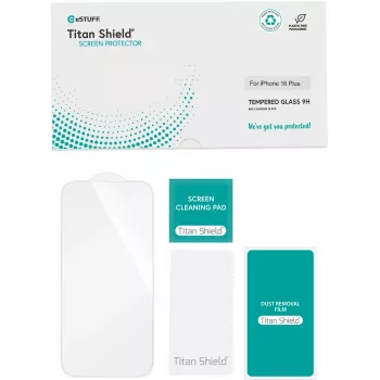 Caurspīdīgs stikla ekrāna aizsargs eSTUFF ES501424-10BULK Apple iPhone 16 Plus, izturīgs pret skrāpējumiem, nesalūstošs