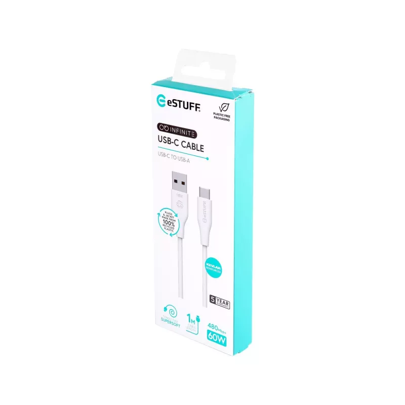 USB kabelis eSTUFF ES605170 1m USB C uz USB A USB 2.0 Balts