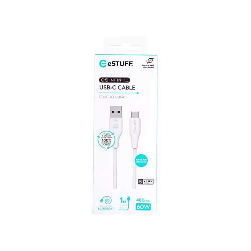 USB kabelis eSTUFF ES605170 1m USB C uz USB A USB 2.0 Balts