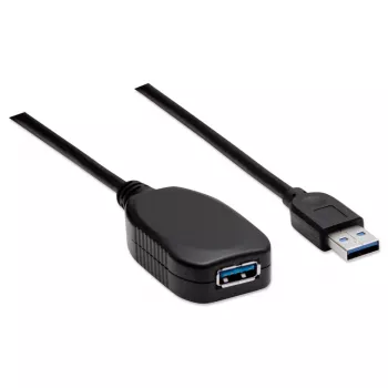 Manhattan USB-A uz USB-A pagarinātāja kabelis, 5m, Vīrietis-Sieviete, Aktīvs, 5 Gbps (USB 3.2 Gen1), Iebūvēts retranslators, Melns, Trīs gadu garantija