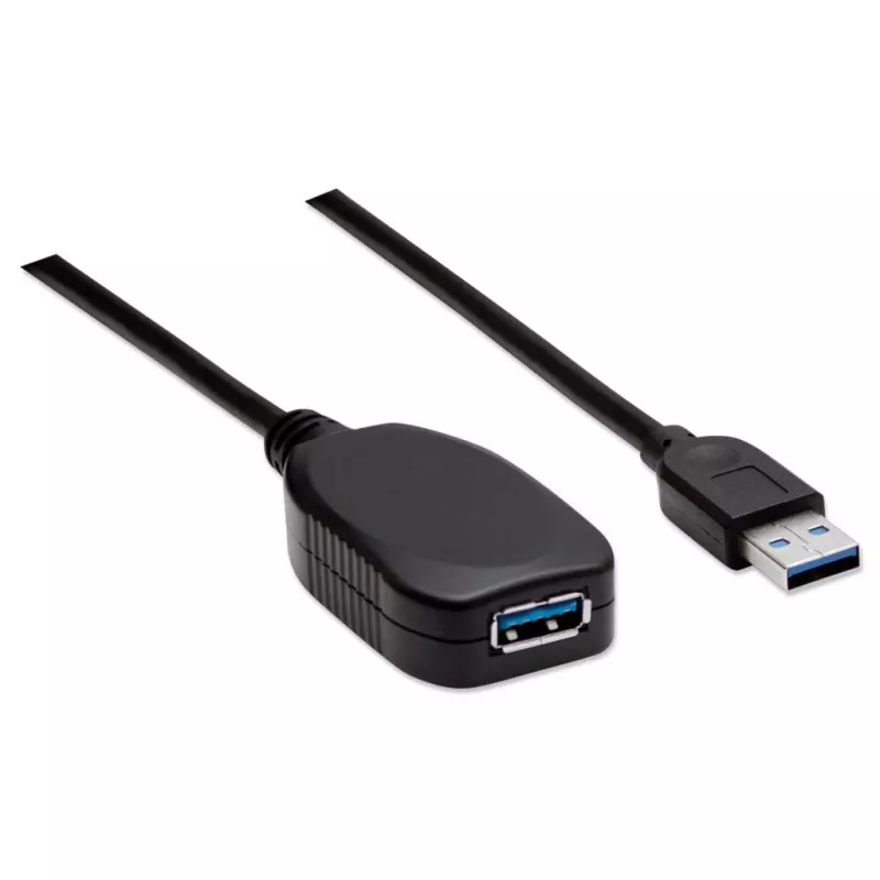 Manhattan USB-A uz USB-A pagarinātāja kabelis, 5m, Vīrietis-Sieviete, Aktīvs, 5 Gbps (USB 3.2 Gen1), Iebūvēts retranslators, Melns, Trīs gadu garantija