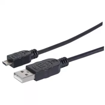Manhattan USB-A uz Micro-USB kabelis, 1.8m, vīriešu-vīriešu, melns, 480 Mbps (USB 2.0), Hi-Speed USB, mūža garantija