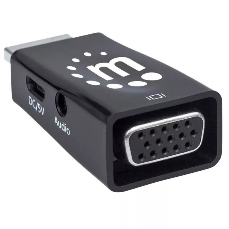 Manhattan HDMI uz VGA pārveidotājs (ar Audio), 1080p, Vīrietis uz Sievieti, Mikro-USB barošanas ieeja, Melns, Trīs gadu garantija