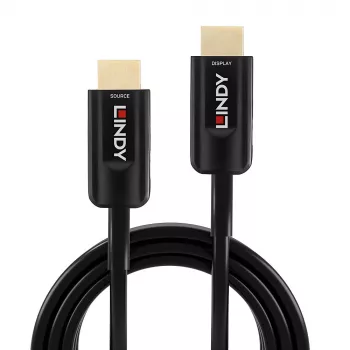Hibrīda optiskās šķiedras HDMI kabelis Lindy 15 m, Ultra High Speed 48 Gbit/s, HDMI 2.1, apzeltīti savienotāji, melns