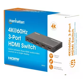 HDMI Slēdzis 3x1 MANHATTAN 18G Automātisks Manuāls IR Tālvadība Melns