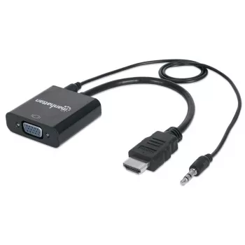 Manhattan HDMI uz VGA (ar audio) pārveidotāja kabelis, 1080p, 30 cm, vīrietis uz sievieti, Micro-USB barošanas ieeja papildu jaudai, melns, trīs gadu garantija