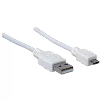 Manhattan USB-A uz Micro-USB kabelis, 1m, vīrietis-vīrietis, balts, 480 Mbps (USB 2.0), Hi-Speed USB, mūža garantija