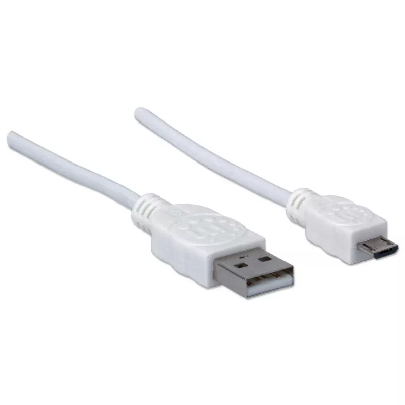 Manhattan USB-A uz Micro-USB kabelis, 1,8 m, vīrietis-vīrietis, 480 Mbps (USB 2.0), Hi-Speed USB, balts, mūža garantija