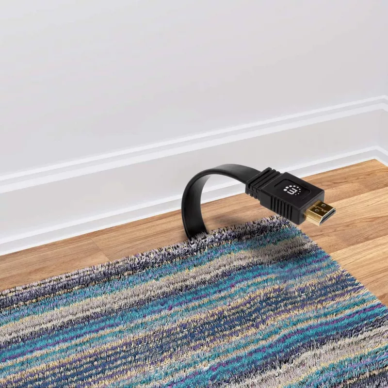 Manhattan HDMI kabelis ar Ethernet (plakans), 4K@60Hz (Premium High Speed), 5m, vīrietis-vīrietis, melns, Ultra HD 4k x 2k, pilnībā ekranēts, apzeltīti kontakti, mūža garantija