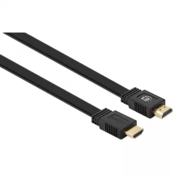 Manhattan HDMI kabelis ar Ethernet (plakans), 4K@60Hz (Premium High Speed), 10m, vīrietis-vīrietis, melns, Ultra HD 4k x 2k, pilnībā ekranēts, apzeltīti kontakti, mūža garantija