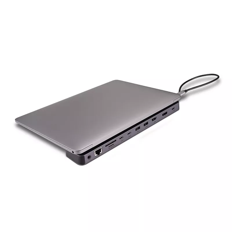 Lindy DST-Mini XT 810, USB-C Mini dokstacija klēpjdatoram ar vienu 8K vai diviem 4K 60Hz ekrāniem un 100W caurlaides uzlādi