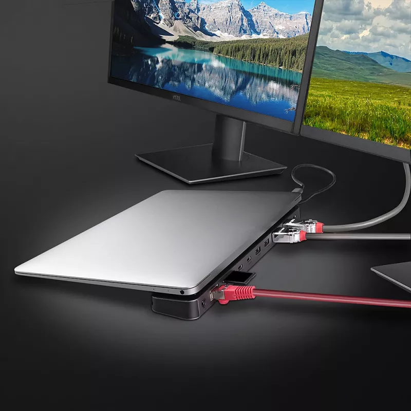 Lindy DST-Mini XT 810, USB-C Mini dokstacija klēpjdatoram ar vienu 8K vai diviem 4K 60Hz ekrāniem un 100W caurlaides uzlādi