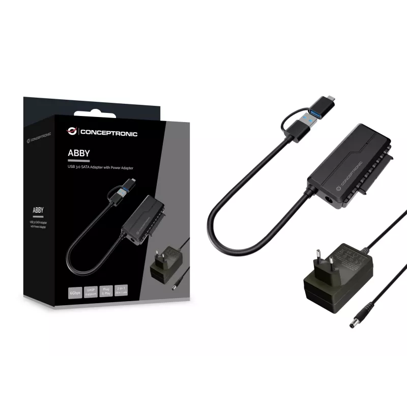 Conceptronic ABBY21B USB 3.0 SATA Adapter ar barošanas bloku, 2.5 inch un 3.5 inch SATA HDD/SSD, 2-in-1 USB C/A kabelis