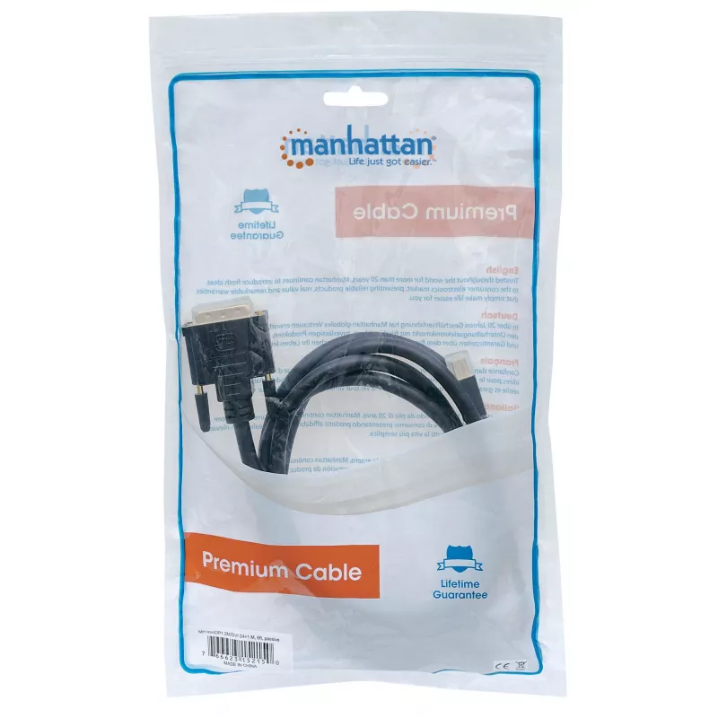 Manhattan Mini DisplayPort 1.2a uz DVI-D 24+1 kabelis, 1080p@60Hz, 1,8m, vīrietis-vīrietis, saderīgs ar DVI-D, melns, mūža garantija