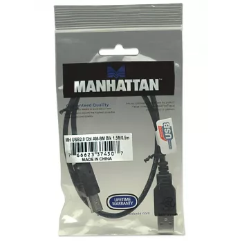 Manhattan USB-A uz USB-B kabelis, 0.5 m, vīrietis-vīrietis, 480 Mbps (USB 2.0), melns, mūža garantija