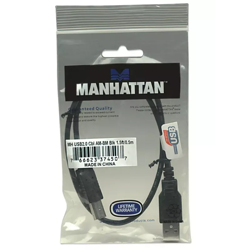 Manhattan USB-A uz USB-B kabelis, 0.5 m, vīrietis-vīrietis, 480 Mbps (USB 2.0), melns, mūža garantija