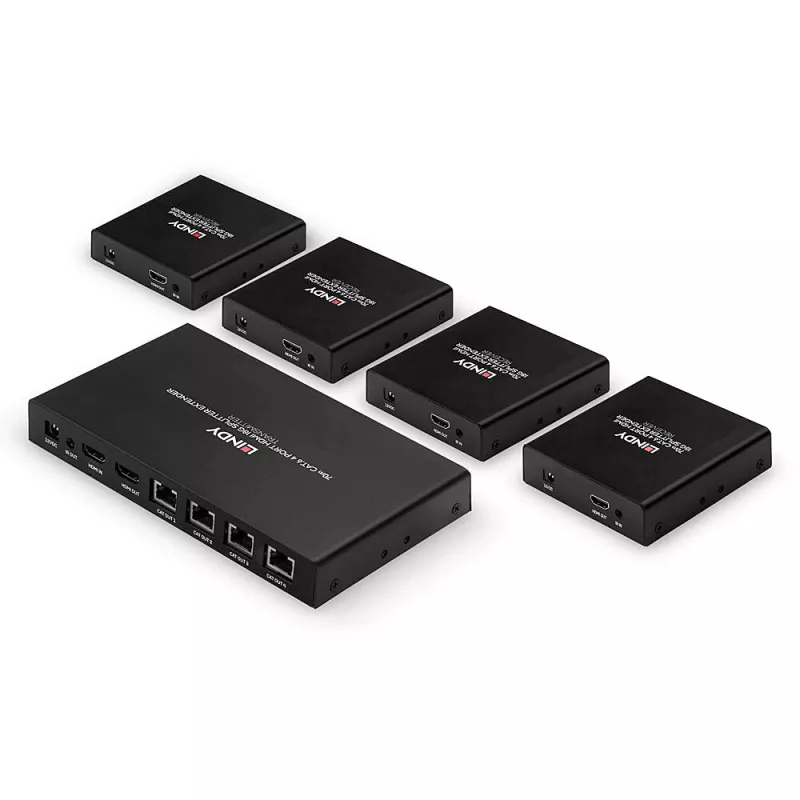 Lindy 38262 HDMI 4K60 sadalītājs ar pagarinātāju, 70 m Cat.6, 4 porti, HDR, melns