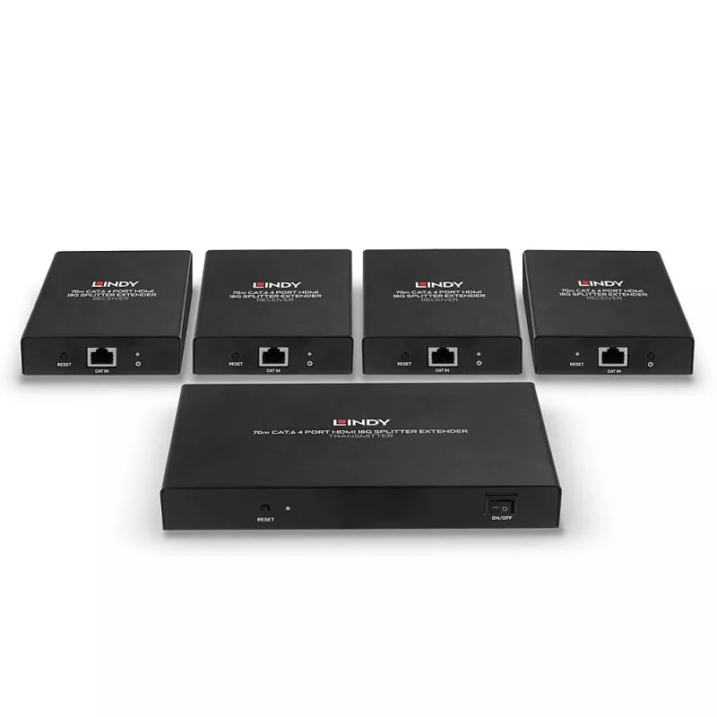Lindy 38262 HDMI 4K60 sadalītājs ar pagarinātāju, 70 m Cat.6, 4 porti, HDR, melns