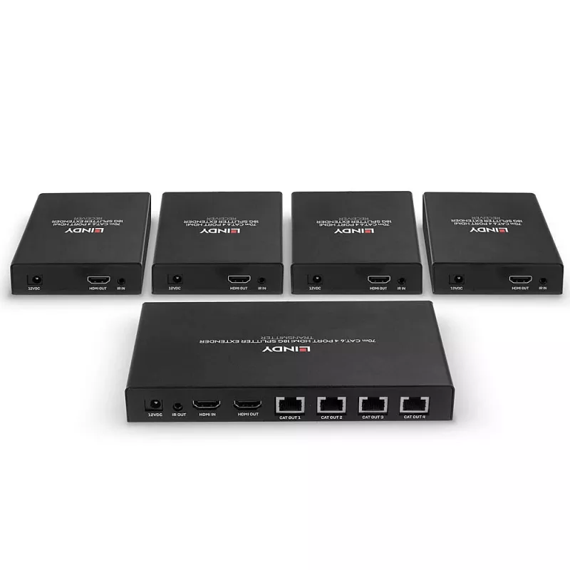 Lindy 38262 HDMI 4K60 sadalītājs ar pagarinātāju, 70 m Cat.6, 4 porti, HDR, melns