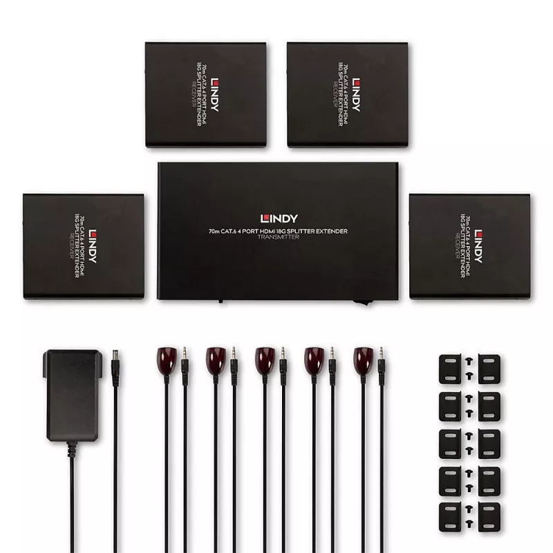 Lindy 38262 HDMI 4K60 sadalītājs ar pagarinātāju, 70 m Cat.6, 4 porti, HDR, melns