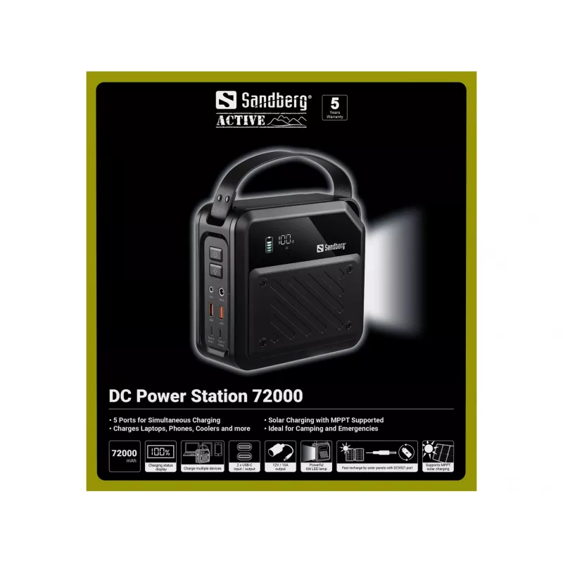 Pārnēsājama DC barošanas stacija SANDBERG Sandberg DC Power Station 72000 — LMFP 72 000 mAh, DC & USB-C ieeja, melna