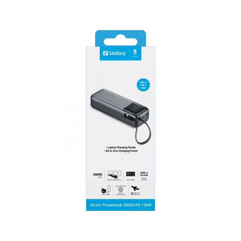 Pārnēsājams akumulators SANDBERG All-in1 Powerbank 20000 PD 130W — 20000 mAh, LiPo, USB-A 1x, USB-C 1x, 130 W, melns/pelēks