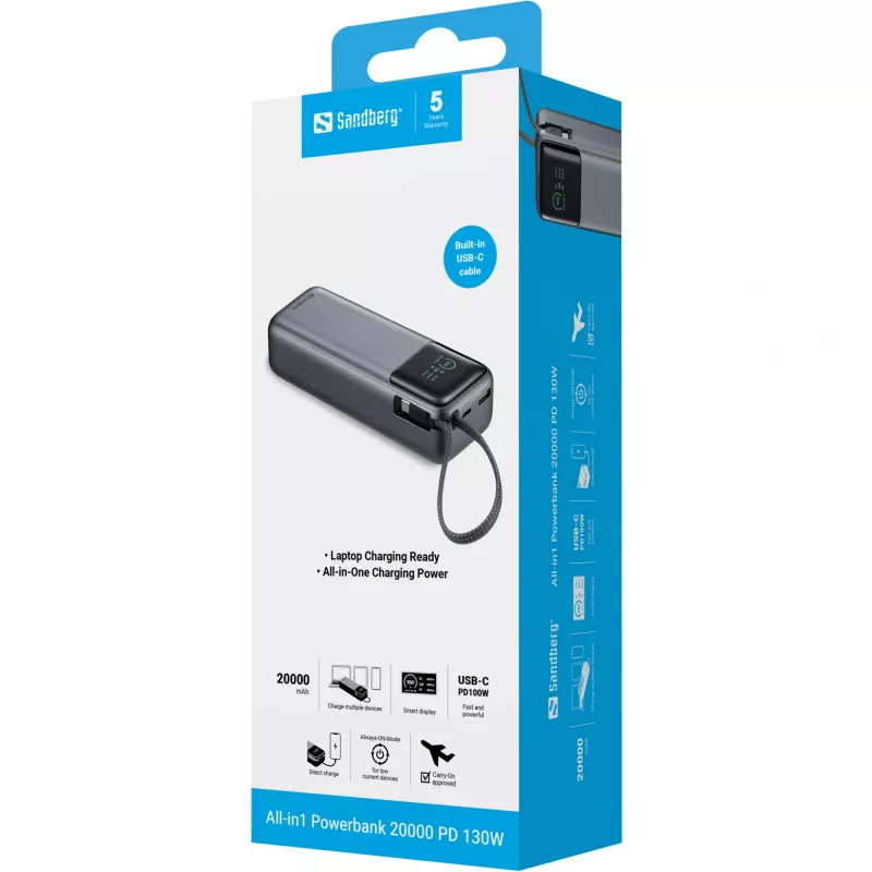 Pārnēsājams akumulators SANDBERG All-in1 Powerbank 20000 PD 130W — 20000 mAh, LiPo, USB-A 1x, USB-C 1x, 130 W, melns/pelēks