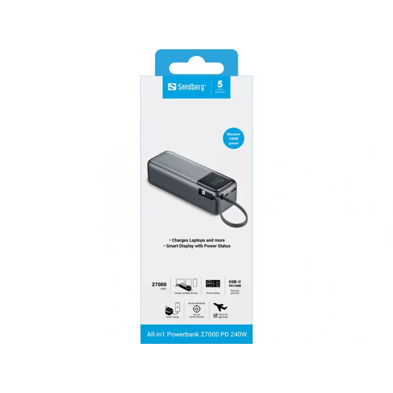 Sandberg 421-31 All-in1 ārējais akumulators 27000 PD 240 W, 5/9/12/15/20/28 V, iebūvēts USB-C kabelis, displejs