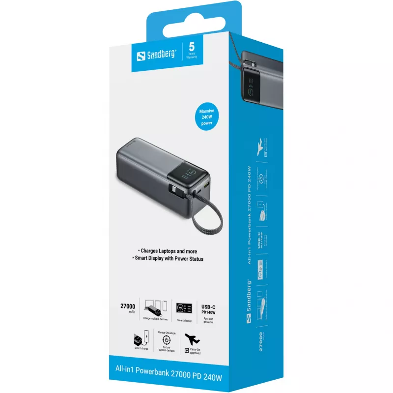 Sandberg 421-31 All-in1 ārējais akumulators 27000 PD 240 W, 5/9/12/15/20/28 V, iebūvēts USB-C kabelis, displejs