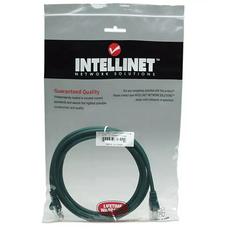 Intellinet tīkla vads Cat5e, 5 m, zaļš, CCA, U/UTP, PVC, RJ45, zeltīti kontakti, aizsargvāciņš, mūža garantija